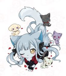  :3 ;3 animal animal_focus animal_with_hair animalization apple_rainy ascot ave_mujica_(bang_dream!) bang_dream! bang_dream!_it's_mygo!!!!! black_ascot black_ribbon blue_cat blue_hair blush cat clothed_animal commentary_request hair_ribbon highres long_hair looking_at_viewer misumi_uika no_humans oblivionis_(bang_dream!) one_eye_closed red_shirt ribbon shirt stuffed_animal stuffed_cat stuffed_toy togawa_sakiko two_side_up wakaba_mutsumi yahata_umiri yuutenji_nyamu 