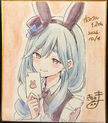  1girl absurdres ace_(playing_card) animal_ears black_bow black_hairband black_hat blue_bow blue_hair blush_stickers bow braid brown_eyes card closed_mouth collared_shirt commentary_request dated dress_shirt fake_animal_ears hair_over_shoulder hairband hand_up hat hat_bow highres holding holding_card hololive kiritoma long_hair mini_hat multicolored_hair pekomama photo_(medium) playing_card rabbit-shaped_pupils rabbit_ears shikishi shirt signature single_braid smile solo symbol-shaped_pupils tilted_headwear traditional_media two-tone_hair upper_body virtual_youtuber white_hair 
