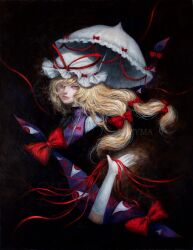  1girl blonde_hair bow closed_mouth commentary_request dress gap_(touhou) hair_bow hat hat_ribbon highres holding holding_umbrella johnalay long_hair looking_at_viewer mob_cap oil_painting_(medium) painting_(medium) parasol purple_tabard red_bow red_ribbon ribbon solo tabard touhou traditional_media umbrella violet_eyes white_dress white_hat yakumo_yukari 