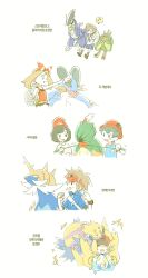  2girls 4boys absurdres beanie bin_aham blue_jacket blue_shirt bow_hairband brown_hair closed_eyes commentary_request decidueye egg elio_(pokemon) florian_(pokemon) galvantula hairband hat highres hilbert_(pokemon) holding holding_egg jacket korean_commentary korean_text may_(pokemon) miraidon multiple_boys multiple_girls musical_note nate_(pokemon) ogerpon open_mouth pointing pokemon pokemon_(creature) pokemon_black_2_and_white_2 pokemon_black_and_white pokemon_egg pokemon_omega_ruby_and_alpha_sapphire pokemon_scarlet_and_violet pokemon_sun_and_moon pokemon_ultra_sun_and_ultra_moon red_hairband red_hat red_shirt samurott selene_(pokemon) shirt shoes shorts sitting sleeveless sleeveless_shirt spoken_musical_note swampert translation_request white_background yellow_shirt 