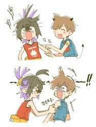  ! 2boys bag bin_aham black_hair blue_shirt closed_mouth demon_tail fanny_pack florian_(pokemon) highres horns kieran_(pokemon) korean_text male_focus multiple_boys necktie open_mouth pokemon pokemon_scarlet_and_violet poking print_shirt red_necktie red_shirt shirt sleeveless sleeveless_shirt spoken_exclamation_mark tail translation_request white_background yellow_bag yellow_eyes 