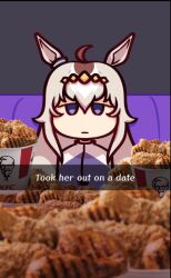  1girl ahoge animal_ears bucket_of_chicken chibi chicken_(food) couch english_text facing_viewer food glutton half-closed_eyes horse_ears kfc long_hair oguri_cap_(umamusume) photo_inset solo totally_real track_suit umamusume white_hair 