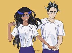  1boy 1girl alternate_costume black_hair blue_eyes closed_mouth commentary_request dark-skinned_female dark_skin eyelashes frown geeta_(pokemon) grey_eyes grin holding_hands larry_(pokemon) long_hair multicolored_hair pokemon pokemon_sv purple_shorts shirt short_sleeves shorts simple_background smile t-shirt teeth tsuruba_(tsu41014812) twitter_username two-tone_hair white_shirt yellow_background 