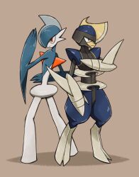  2others alternate_color arm_blade arm_up back-to-back bisharp blue_hair blue_skin brown_background colored_skin commentary_request drop_shadow expressionless facing_to_the_side fake_horns gallade grey_skin helmet highres horned_helmet horns mohawk multicolored_skin multiple_others pokemon pokemon_(creature) pokemon_focus red_eyes shiny_pokemon shoulder_pads thick_thighs thighs two-tone_helmet two-tone_skin umi-be-to weapon white_skin wide_hips 