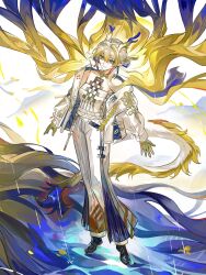  1girl absurdres arknights bare_shoulders black_shoes blonde_hair cen_(acheng02806053) chinese_commentary closed_mouth colored_extremities commentary_request dragon_girl dragon_horns dragon_tail earrings eastern_dragon_horns eastern_dragon_tail eyeliner floating_hair full_body grey_hair hair_between_eyes hair_floating_upwards hair_intakes highres horns jewelry long_hair long_sleeves looking_at_viewer makeup multicolored_hair necklace orange_eyeliner pants pointy_ears shoes shu_(arknights) smile solo standing strapless tail tube_top very_long_hair white_pants white_tube_top yellow_hands 