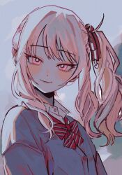  1other akiyama_mizuki blush bow bowtie bright_pupils cardigan closed_mouth collared_shirt commentary diagonal-striped_bow diagonal-striped_bowtie diagonal-striped_clothes dot_nose english_commentary eyelashes ff9900 film_grain from_side glowing glowing_eyes grey_background head_tilt highres kamiyama_high_school_uniform_(project_sekai) light_smile long_hair long_sleeves looking_at_viewer loose_hair_strand other_focus parted_bangs pink_eyes pink_hair portrait project_sekai red_bow red_bowtie ribbon school_uniform shirt side_part side_ponytail sidelighting sidelocks smile solo striped_bow striped_bowtie striped_clothes swept_bangs white_shirt 