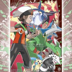  1boy :d absol absurdres aggron artist_name backpack bag black_pants black_teeth bracelet brendan_(pokemon) bright_pupils brown_hair claws clenched_hand closed_mouth colored_teeth commentary company_name copyright_notice english_commentary fangs from_side green_bag grey_eyes hat highres holding holding_poke_ball horns jewelry latios legs_apart male_focus mega_pokemon mega_ring mega_sceptile merchandise_available minun official_style open_mouth outline pants poke_ball poke_ball_(basic) pokemon pokemon_(creature) pokemon_omega_ruby_and_alpha_sapphire pokemon_team primal_ground red_eyes red_shirt sceptile sharp_teeth shirt short_hair short_sleeves smile standing teeth tom_higgins v-shaped_eyes watermark white_hat white_outline white_pupils 