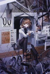  1girl :< a.i._voice adachi_rei black_pantyhose black_shirt blurry blurry_foreground cable cardiogram cardiogram_print character_name clone collared_jacket commentary context_menu danjou_sora drawstring electric_plug error_message film_grain gloves grating grey_shorts hair_ornament hairclip headlamp headset highres icon_(computing) jacket junk long_sleeves looking_at_viewer multicolored_shoes open_clothes open_jacket orange_eyes orange_hair orange_shoes pantyhose progress_bar radio_antenna recurring_image shadow shirt shoes shorts sitting_in_window sneakers solo_focus two-tone_shoes utau white_gloves white_jacket white_shoes window_(computing) 