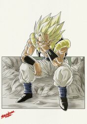  abs arm_on_own_leg armband baggy_pants belt biceps black_armband black_vest blonde_hair commentary_request creative_signature dragon_ball dragon_ball_super dragon_ball_super_broly gogeta green_eyes grey_background hair_over_one_eye hand_on_own_face highres metamoran_vest muscular muscular_male open_clothes pants serious shinsokunotaka sitting sleeveless spiky_hair super_saiyan thick_eyebrows two-tone_background vest white_background white_pants 