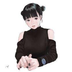  1girl aegyo_sal animated animated_gif black_eyes black_hair black_nails black_sweater blinking clothing_cutout commentary_request cropped_torso double_bun east_asian hair_bun klasse14 original parted_lips realistic ribbed_sweater shoulder_cutout signature solo sweater upper_body watch watch yukisita_mayu 