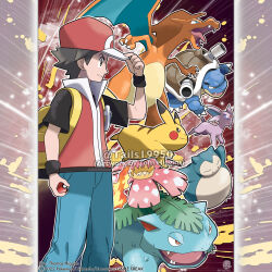  1boy =_= absurdres adjusting_clothes adjusting_headwear aqua_eyes artist_name baseball_cap black_shirt blastoise blue_pants bright_pupils brown_eyes brown_hair cannon charizard claws closed_eyes closed_mouth colored_sclera commentary company_name copyright_notice dragon dragon_wings english_commentary espeon fangs fire flower forehead_jewel from_side hand_on_headwear hat highres holding holding_poke_ball leaf male_focus merchandise_available nostrils official_style open_mouth outline pants pikachu pink_flower poke_ball poke_ball_(basic) pokemon pokemon_(creature) pokemon_firered_and_leafgreen pokemon_team purple_sclera red_(pokemon) red_eyes red_hat red_vest shirt short_hair short_sleeves smile snorlax split_mouth standing tom_higgins tongue venusaur vest vs_seeker watermark white_eyes white_outline white_pupils wings wristband 