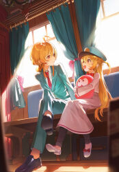  2girls :d absurdres aged_down ahoge aqua_jacket aqua_pants black_shoes blonde_hair blue_hat blurry blurry_foreground bow bowtie braid braided_ponytail brown_eyes closed_mouth collared_shirt commentary crossed_legs day double-parted_bangs dress dress_shirt english_commentary full_body hair_between_eyes hat highres hololive hololive_dev_is jacket long_hair looking_at_another low_ponytail multiple_girls mypace0079 necktie one_side_up open_mouth otonose_kanade pants pink_dress ponytail red_bow red_bowtie red_necktie shirt shoes sidelocks sitting smile suit_jacket suit_pants train_interior very_long_hair virtual_youtuber white_shirt white_shoes 
