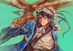  1boy absurdres aqua_background arm_up bird bird_on_hand black_eyes black_hair blue_robe braid braided_hair_rings chinstrap falcon falconry falconry_glove hair_rings hat_feather highres looking_at_viewer ogedei_(tenmaku_no_jaadugar) robe shioka777 tenmaku_no_jaadugar upper_body 
