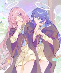  2girls absurdres arknights artist_request black_cloak blue_eyes blue_hair chinese_commentary cloak closed_mouth commentary_request commission covering_own_mouth cowboy_shot detached_wings dress halo hand_on_another's_chin hand_over_own_mouth highres hood hooded_cloak laterano_school_uniform lemuen_(arknights) long_hair long_sleeves looking_at_another mostima_(arknights) multiple_girls one_eye_closed pink_eyes pink_hair school_uniform second-party_source sky smile standing traditional_halo white_dress wings 