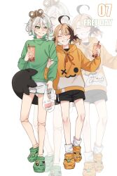  2girls ahoge alternate_costume bag black_shorts black_tail blonde_hair bottle brown_hair bubble_tea cecilia_immergreen closed_eyes commentary crocs doll_joints english_commentary english_text food gigi_murin green_eyes green_hair green_shirt grey_hair highres holding holding_bottle hololive hololive_english hood hood_down hoodie joints locked_arms long_sleeves mittsu multicolored_hair multiple_girls noodles orange_hoodie plastic_bag ramen shirt shorts simple_background smile socks streaked_hair tail tail_wrap twintails two-tone_hair virtual_youtuber white_background white_shorts white_socks winding_key 