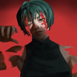  1girl absurdres arondiolex bare_shoulders commentary green_eyes grey_hair highres jujutsu_kaisen multiple_scars muscular muscular_female one_eye_closed parted_lips red_background scar scar_on_face scars_all_over short_hair simple_background solo zen'in_maki zen'in_maki_(post-shibuya) 