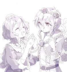  2girls belt boro_(tn-boro) bow bowtie closed_eyes commentary_request cranberry_(mahoiku) flower forest_musician_cranberry_gaiden:_magical_girl_raising_project_unripe_duet hair_flower hair_ornament hat highres holding_hands looking_at_another magical_girl mahou_shoujo_ikusei_keikaku medium_hair miiya_octave monochrome multiple_girls open_mouth plant pointy_ears rose short_hair smile thorns vines white_background yuri 