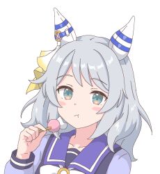  1girl :t animal_ears blue_eyes blush blush_stickers bow bowtie collarbone commentary_request dango ear_covers eating food gauno grey_hair highres hishi_miracle_(umamusume) horse_ears horse_girl long_hair long_sleeves looking_at_viewer parted_bangs purple_sailor_collar purple_shirt sailor_collar school_uniform shirt sidelocks simple_background solo tracen_school_uniform umamusume upper_body wagashi white_background white_bow white_bowtie winter_uniform 
