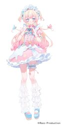  1girl absurdres aqua_hair aqua_streaks blonde_hair blue_eyes blue_shoes blush closed_mouth commentary_request copyright_name dress enokinoko1010 facial_mark facing_viewer frilled_hairband frilled_thigh_strap frills hairband hands_up heart heart_hands highres hoshimusu_meruchu legs long_hair looking_at_viewer multicolored_dress multicolored_hair official_alternate_costume pink_dress puffy_sleeves razz_production shoes short_sleeves simple_background solo streaked_hair tachi-e thigh_strap two-tone_dress two-tone_hair white_background white_dress 