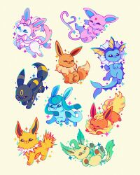  absurdres blue_eyes brown_eyes closed_eyes closed_mouth commentary_request eevee espeon evolutionary_line flareon glaceon heitoons highres jolteon leafeon lying no_humans on_back pokemon pokemon_(creature) pokemon_focus portuguese_commentary red_eyes running simple_background sparkle standing sylveon umbreon vaporeon yellow_background 