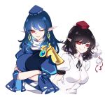  2girls black_hair black_ribbon blue_dress blue_hair coat collared_shirt dress earrings frilled_dress frills hat highres iizunamaru_megumu jewelry long_hair multiple_girls one_eye_closed pointy_ears raptor7 red_eyes red_headwear ribbon ribbon_trim shameimaru_aya shirt shoulder_guard sleeveless sleeveless_coat smile tokin_hat touhou white_shirt 