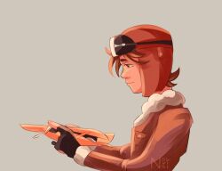  1boy aged_down aircraft airplane artist_name aviator_cap battle_tendency black_gloves bomber_jacket brown_eyes brown_hair brown_hat brown_jacket fingerless_gloves from_side fur-trimmed_jacket fur_trim gloves goggles goggles_on_headwear grey_background hat holding holding_toy jacket jojo_no_kimyou_na_bouken joseph_joestar joseph_joestar_(young) male_focus nolvini profile simple_background solo toy upper_body 