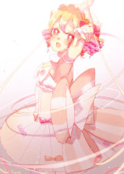  1girl absurdres blonde_hair bow commentary_request dress frilled_dress frills hair_ornament highres kurukuru-hime looking_at_viewer magical_girl mahou_shoujo_ikusei_keikaku mahou_shoujo_ikusei_keikaku_limited multicolored_hair multiple_drills open_mouth pink_bow pink_eyes pink_hair ribbon short_hair smile yunare 