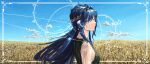 1girl absurdres animal_ears arknights astesia_(arknights) bird_ears blue_eyes blue_hair bright_pupils clouds from_side hair_ornament highres immeasurable long_hair looking_at_viewer outdoors portrait shirt sky solo star_(symbol) turning_head wheat wheat_field white_pupils white_shirt 