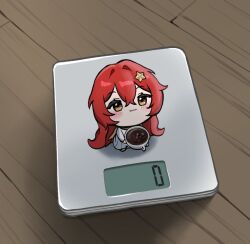  blush chibi coffee_mug commentary cup english_commentary hair_ornament himeko_(honkai:_star_rail) holding holding_cup honkai:_star_rail honkai_(series) long_hair mug photo-referenced randomkitty red_hair shadow star_(symbol) star_hair_ornament weighing_scale wooden_floor yellow_eyes 
