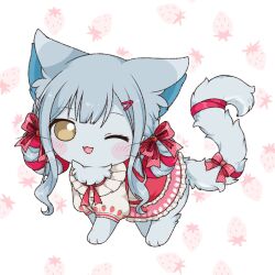  :3 ;3 animal animal_focus animal_with_hair animalization apple_rainy bang_dream! bang_dream!_it's_mygo!!!!! blue_cat blush_stickers bow cat clothed_animal commentary_request dress food food_print fruit fruit_print full_body hair_bow hair_ribbon hair_rings highres looking_at_viewer no_humans one_eye_closed pink_bow print_dress red_dress red_ribbon ribbon solo strawberry strawberry_print tail tail_ornament tail_ribbon togawa_sakiko white_background yellow_eyes 