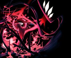  1boy 1other absurdres arthropod_boy black_skin blank_eyes cape colored_skin commentary extra_eyes fire grimm_(hollow_knight) highres hollow_knight looking_at_another looking_up mask monster ocohc outstretched_hand pink_fire red_cape red_eyes standing tentacles void_entity_(hollow_knight) white_eyes white_mask 