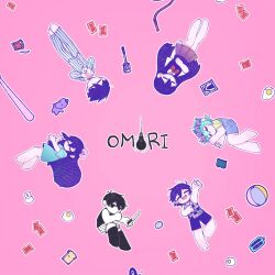  2girls 4boys antenna_hair aubrey_(headspace)_(omori) aubrey_(omori) bad_id bad_twitter_id barefoot baseball_bat basil_(headspace)_(omori) basil_(omori) black_eyes black_hair black_socks black_tank_top blue_overalls blue_shirt blush bow bread bread_slice brother_and_sister brothers brown_skirt card checkered_clothes closed_eyes closed_mouth collared_pajamas collared_shirt colored_skin commentary copyright_name double-parted_bangs flower flower_wreath food forest_bunny_(omori) fried_egg green_hair green_shirt hair_behind_ear hair_between_eyes hair_bow head_wreath hector_(omori) hero_(headspace)_(omori) hero_(omori) highres holding holding_knife jam jump_rope kel_(headspace)_(omori) kel_(omori) kneehighs knife long_hair long_shirt long_sleeves looking_at_viewer mari_(headspace)_(omori) mari_(omori) morivivi3 mr._plantegg_(omori) multiple_boys multiple_girls neckerchief omori omori_(omori) open_mouth overall_shorts overalls own_hands_clasped own_hands_together pajamas pants photo_(object) pink_background pink_bow playing_card pleated_skirt purple_hair purple_shorts purple_sweater_vest red_neckerchief shirt short_hair short_sleeves shorts siblings sidelocks simple_background skirt smile socks something_(omori) spatula striped_clothes striped_pajamas striped_pants striped_shorts sweater_vest t-shirt tank_top untranslatable_commentary vertical-striped_clothes vertical-striped_pajamas vertical-striped_pants vertical-striped_shorts video_thumbnail white_pajamas white_pants white_shirt white_shorts white_skin 