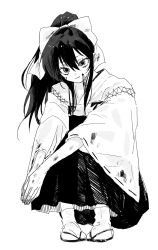  1girl blood blood_on_face bow cartagra commentary_request dirty dirty_clothes dirty_hands grey_eyes greyscale hair_bow high_ponytail highres japanese_clothes kouzuki_yura large_bow long_hair looking_at_viewer miko monochrome own_hands_together ponytail sandals sidelocks smile socks solo squatting user_cfzh8883 white_background white_hair wide_sleeves zouri 