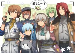  absurdres animal_ear_hairband animal_ears ao_no_kiseki ascot beret blue_hair brown_eyes brown_gloves brown_hair cat_ear_hairband cat_ears coat commentary_request dog_tags double-parted_bangs eiyuu_densetsu fake_animal_ears gloves green_ascot green_hair group_picture hairband hat highres jacket kea_(eiyuu_densetsu) lloyd_bannings looking_at_viewer mullet multicolored_jacket noel_seeker randolph_orlando red_hair rinngo6363 simple_background smile stuffed_animal stuffed_cat stuffed_toy tio_plato two-tone_jacket v wazy_hemisphere yellow_eyes 