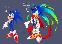  1boy animal_ears animal_nose blue_fur commentary deeoxie english_commentary english_text full_body furry furry_male gloves green_eyes hedgehog_boy highres male_focus red_shoes ring_(sonic) shoes short_tail simple_background smile sonic_(series) sonic_the_hedgehog tail white_gloves 
