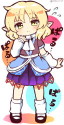  1girl arm_warmers black_shirt black_shoes blonde_hair blue_jacket blush brown_jacket closed_mouth commentary_request full_body green_eyes jacket layered_clothes looking_at_viewer mary_janes medium_hair mizuhashi_parsee multicolored_jacket parted_bangs paru_paru pointy_ears purple_skirt ramudia_(lamyun) sash scarf shirt shoes skirt socks solo touhou translated white_background white_sash white_scarf white_socks 