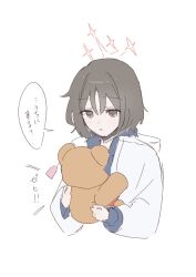  1girl black_hair black_hoodie black_mask blue_archive halo highres hood hoodie jacket looking_at_viewer mask misaki_(blue_archive) mouth_mask parted_lips red_halo short_hair simple_background solo speech_bubble stuffed_animal stuffed_toy tachibana_(tachibanablac) teddy_bear upper_body white_background white_jacket 