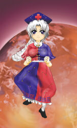  1girl black_shoes blue_dress blue_eyes blue_hat blush_stickers braid breasts commentary_request constellation_print cross dancing dress hat kams large_breasts long_hair looking_at_viewer nurse_cap red_cross red_dress shoes solo touhou two-tone_dress very_long_hair white_hair yagokoro_dance yagokoro_eirin zun_(style) 