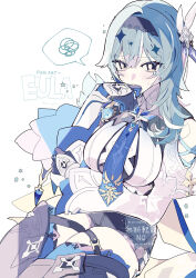  1girl black_hairband blue_gloves blue_hair blue_necktie boots breasts chest_harness clothing_cutout commentary_request eula_(genshin_impact) genshin_impact gloves hairband harness high-waist_shorts highres karaage_ha_315 large_breasts looking_at_viewer medium_hair necktie shorts shoulder_cutout solo spoken_squiggle squiggle thigh_boots white_background 