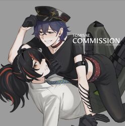  2girls belle_(zenless_zone_zero) belt black_gloves black_hair black_pants black_shirt blue_hair breasts checkered_necktie commentary gloves grey_background hat highres kneeling large_breasts looking_at_viewer lying multicolored_hair multiple_girls necktie on_back pants police_hat ponytail red_belt red_eyes red_streaks shirt streaked_hair tomseachi white_shirt yuri zenless_zone_zero zhu_yuan 