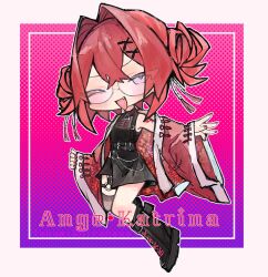  1girl :d ange_katrina ange_katrina_(qipao) arm_tattoo belt black_belt black_boots blush boots border character_name chibi chibi_only chinese_clothes crossed_bangs double_bun dress fang full_body glasses gradient_background grey_thighhighs hair_bun hair_intakes hair_ornament halftone halftone_background highres jacket long_sleeves looking_at_viewer nail_polish nijisanji o-ring o-ring_thigh_strap one_eye_closed open_clothes open_jacket open_mouth outside_border pink_background purple_background qipao red_hair red_jacket red_nails s-polar12bears short_dress side_slit single_off_shoulder single_thighhigh sleeveless sleeveless_dress smile solo tassel tassel_hair_ornament tattoo thigh-highs thigh_strap violet_eyes virtual_youtuber white_border wide_sleeves x_hair_ornament 