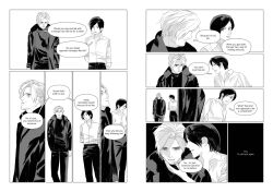  1boy 1girl ada_wong collared_shirt commentary english_text greyscale hand_on_another's_chin highres jacket leon_s._kennedy monochrome open_clothes open_jacket resident_evil resident_evil_2 resident_evil_requiem shirt short_hair time_travel xianyu_chuan 