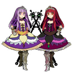  2girls armored_boots boots bright_pupils commentary_request dress full_body gauntlets holding holding_staff layered_dress long_hair looking_at_viewer lowres multiple_girls official_alternate_color puffy_short_sleeves puffy_sleeves purple_hair red_eyes red_hair ruiko_(sad) sekaiju_no_meikyuu sekaiju_no_meikyuu_3 short_sleeves simple_background sovereign_(sekaiju) sovereign_4_(sekaiju) staff standing white_background white_pupils yellow_pupils 
