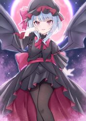 1girl :d absurdres alternate_costume back_bow bat_wings black_dress black_hat blue_hair bow bowtie brown_pantyhose commentary_request dress fang fuji_imaginary full_moon hat hat_bow highres long_sleeves looking_at_viewer mob_cap moon open_mouth pantyhose pointy_ears red_bow red_bowtie red_eyes red_moon remilia_scarlet smile solo touhou wide_sleeves wings 