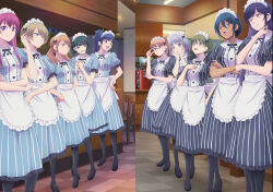  absurdres anime_coloring apron aqua_dress back_ribbon black_hair black_pantyhose black_ribbon black_shoes blonde_hair blue_eyes blue_hair blunt_bangs blush bob_cut breasts brown_eyes brown_hair ceiling ceiling_light center_frills chair dress familia_uniform frilled_apron frilled_dress frilled_shirt_collar frilled_sleeves frills green_eyes hair_ribbon hair_tie hand_on_own_arm hand_on_own_elbow hand_on_own_hip hands_on_own_hips hands_up high_heels high_ponytail highres hououji_akane indoors key_visual long_hair long_sidelocks looking_ahead looking_at_viewer maid maid_headdress makuzawa_ouka mary_janes medium_breasts medium_dress megami_no_cafe_terrace multiple_girls neck_ribbon official_art ono_shiragiku own_hands_together pantyhose ponytail promotional_art puffy_short_sleeves puffy_sleeves red_hair ribbon rounded_collar shoes short_hair short_sleeves sidelocks small_breasts standing striped_clothes striped_dress tile_floor tiles tsukishima_riho tsuruga_ami tucking_hair twintails vertical-striped_clothes vertical-striped_dress violet_eyes waist_apron white_apron white_headdress white_ribbon wooden_chair 