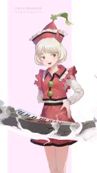  1girl blonde_hair commentary_request frilled_hat frills hat hat_ornament highres instrument keyboard_(instrument) long_sleeves lyrica_prismriver open_mouth red_eyes red_hat red_skirt red_vest riki6 shirt skirt skirt_set smile solo star_(symbol) star_hat_ornament touhou vest white_shirt 