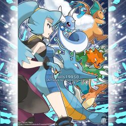  1girl absurdres altaria alternate_color artist_name black_cape blue_bodysuit blue_eyes blue_hair bodysuit breasts cape charizard clair_(pokemon) claws closed_mouth commentary company_name copyright_notice dragon dragon_wings dragonair dragonite druddigon english_commentary eyelashes fang from_side green_eyes head_wings highres holding holding_poke_ball horns kingdra long_hair merchandise_available official_style open_mouth outline poke_ball pokemon pokemon_(creature) pokemon_heartgold_and_soulsilver pokemon_team ponytail purple_cape red_eyes repeat_ball shiny_pokemon single_horn standing tom_higgins two-sided_cape two-sided_fabric two-tone_cape watermark white_outline wings 