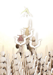  6+girls army brynhild_(fate) cloak commentary_request detached_wings dress fate/grand_order fate_(series) from_behind glowing glowing_weapon gradient_background head_wings hildr_(fate) holding holding_polearm holding_shield holding_weapon hood hooded_cloak looking_ahead marching miwa_shirow multiple_girls official_artist_extra ortlinde_(fate) polearm shield siblings simple_background sisters thrud_(fate) valkyrie valkyrie_(fate) walking_away weapon white_cloak white_dress wings wings_of_light yellow_background 