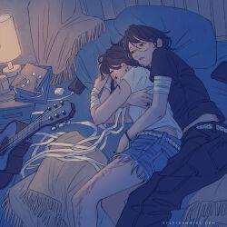  2girls bandaged_arm bandages bed belt black_pants black_shirt blanket blue_shorts cable cellphone commentary couple cuddling dated_commentary denim denim_shorts earphones feet_out_of_frame glasses guitar head_on_pillow highres hug instrument lamp long_hair lying maybe_kizuna multiple_girls on_bed on_side original pants parted_lips phone pillow ribbon round_eyewear shirt short_hair short_sleeves shorts slice_of_life smartphone speech_bubble torn_clothes torn_shorts white_belt white_ribbon white_shirt yuri 