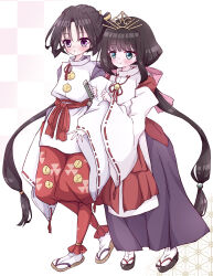  1boy 1girl absurdres bell black_hair closed_mouth commentary_request full_body grabbing_another's_arm green_eyes hair_ornament hakama highres houjou_tokiyuki_(nige_jouzu_no_wakagimi) japanese_clothes kariginu light_blush long_hair nige_jouzu_no_wakagimi okobo parted_lips platform_sandals purple_skirt red_hakama red_sash rrr_rrxx sandals sash shizuku_(nige_jouzu_no_wakagimi) short_hair short_hair_with_long_locks side-by-side simple_background skirt sleeves_past_wrists smile tabi twintails very_long_hair violet_eyes walking white_background wide_sleeves zouri 